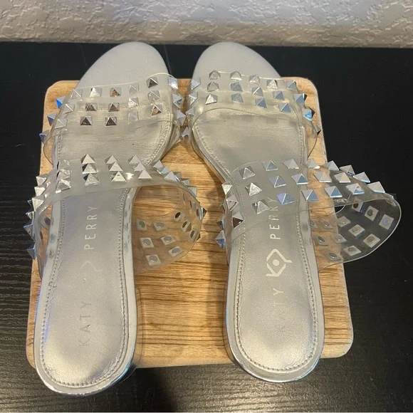 Katy Perry Silver Clear Studded Block Heel Sandals Size: 7.5 Preloved - Picture 11 of 11